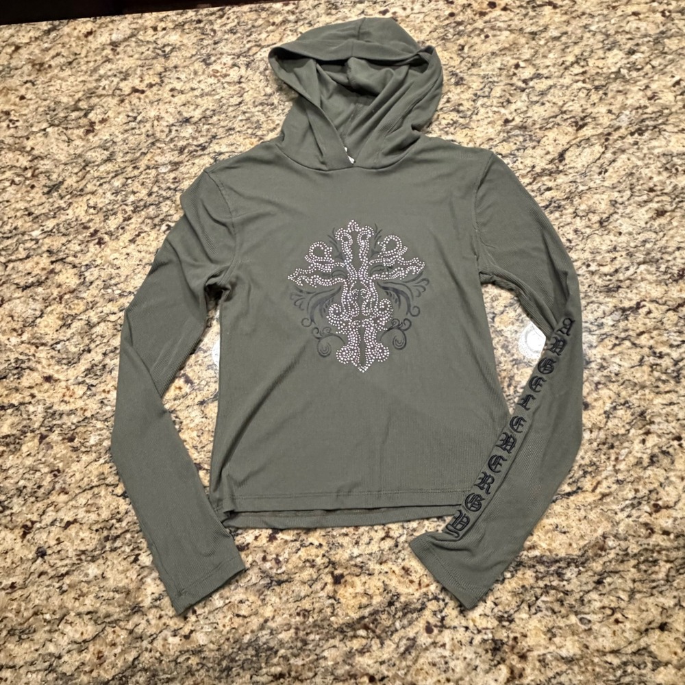 Orange Kiss Olive Green Ribbed Hoodie Rhinestone Cross Angel Energy Graphic M v